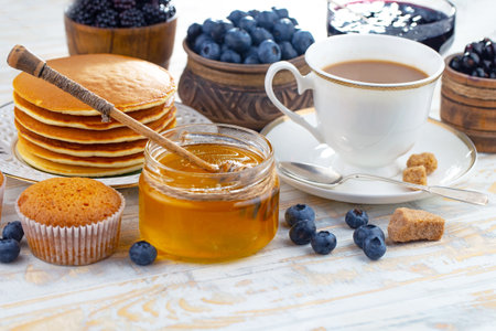 Healthy breakfast on an old backgroundの写真素材