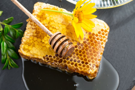 Honeycomb with honey dipper and yellow flower on black backgroundの写真素材