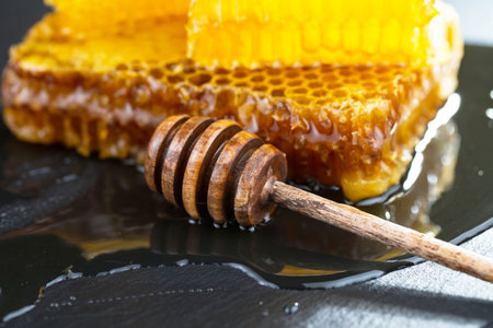 Honeycombs and honey dipper on black background, closeupの写真素材