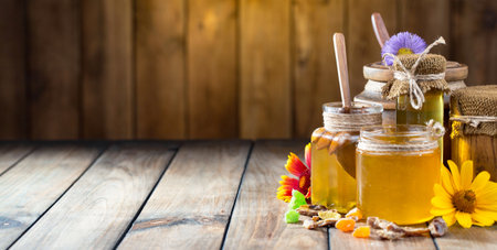 Honey in a jar on a wooden background. Selective focus. nature.の写真素材