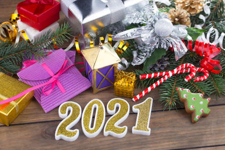 Merry Christmas, postcard with gifts and Christmas decorations.の写真素材