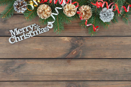 Merry Christmas, postcard with gifts and Christmas decorations.の写真素材