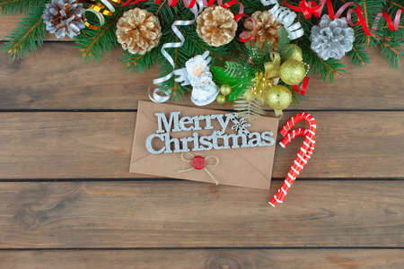 Merry Christmas, postcard with gifts and Christmas decorations.の写真素材