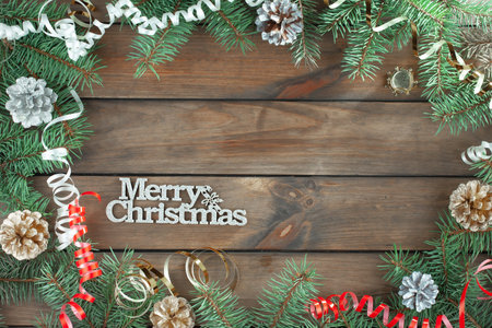 Merry Christmas, postcard with gifts and Christmas decorations.