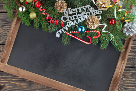 Merry Christmas, postcard with gifts and Christmas decorations.