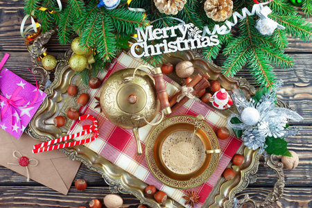 Merry Christmas, postcard with gifts and Christmas decorations.