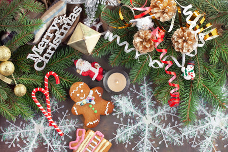 Merry Christmas, postcard with gifts and Christmas decorations.