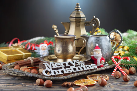Merry Christmas and Happy New Year, postcard with gifts and Christmas decorations.