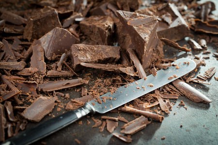 Broken chocolate pieces with knife on black background. Selective focus.の写真素材