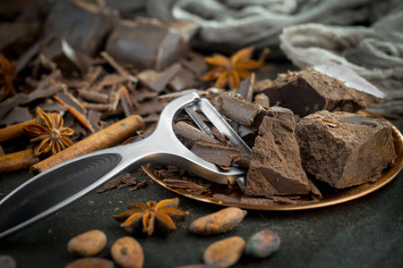 Chocolate truffles with spices on a dark background. Selective focus.の写真素材