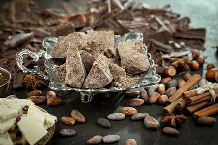 Chocolate truffles with cocoa powder and spices on dark backgroundの写真素材