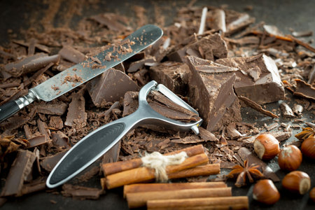 Chocolate shavings on a dark background. Selective focus.の写真素材
