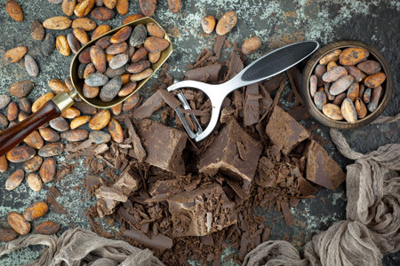 Chocolate, cocoa beans and cocoa shavings on rustic background