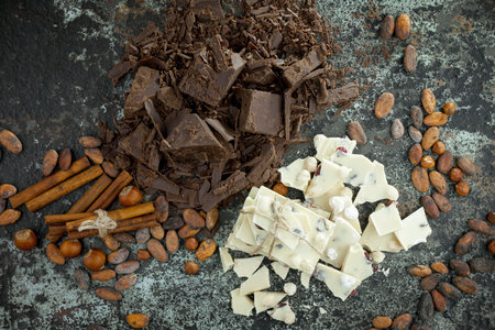 Pieces of chocolate, cocoa beans and nuts on a dark backgroundの写真素材