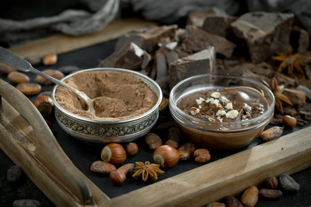 Hazelnut chocolate spread with hazelnuts and cocoa powder on wooden trayの写真素材