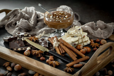 Chocolate with nuts and spices on a dark background. Selective focus.