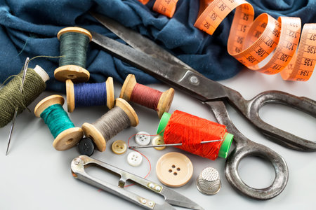 Threads, needles and sewing items.