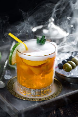 Refreshing summer alcoholic cocktail with crushed ice and citrus fruits