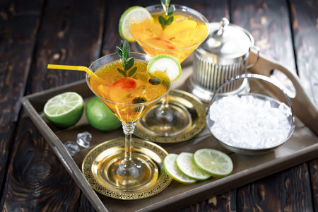 Refreshing summer alcoholic cocktail with crushed ice and citrus fruitsの写真素材