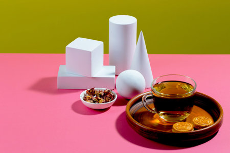 Tea with dessert on a bright colored background