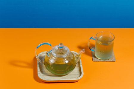 Tea with dessert on a bright colored background