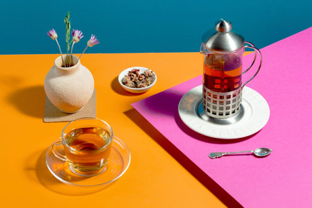 Tea with dessert on a bright colored background