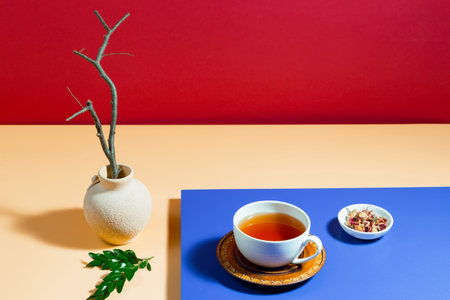 Tea with dessert on a bright colored backgroundの写真素材