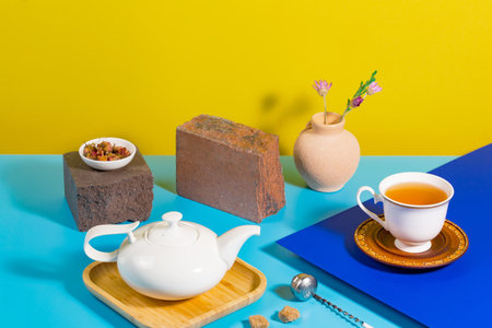 Tea with dessert on a bright colored backgroundの写真素材