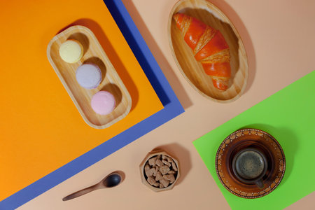 Coffee with dessert on a bright colored