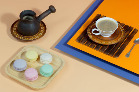 Coffee with dessert on a bright colored