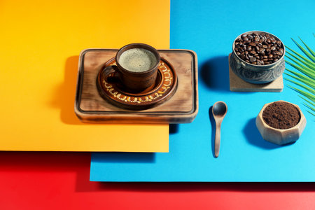 Coffee with dessert on a bright colored