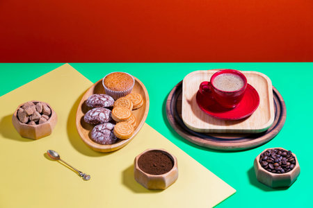 Coffee with dessert on a bright coloredの写真素材