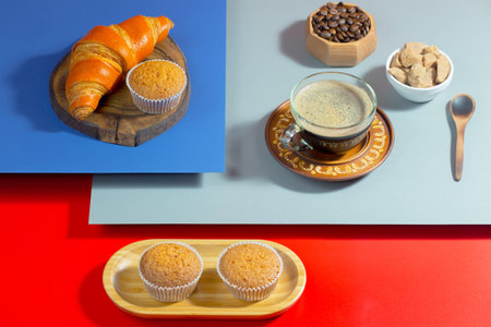 Coffee with dessert on a bright colored