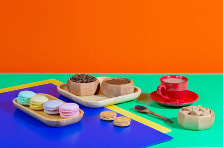 Coffee with dessert on a bright colored