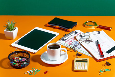 Items for business on bright colors in the office on the table