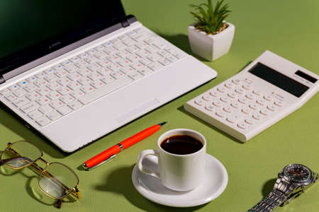 Items for business on bright colors in the office on the tableの写真素材