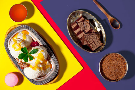 Vanilla ice cream with chocolate and cherry in a metal bowl on a colored backgroundの写真素材