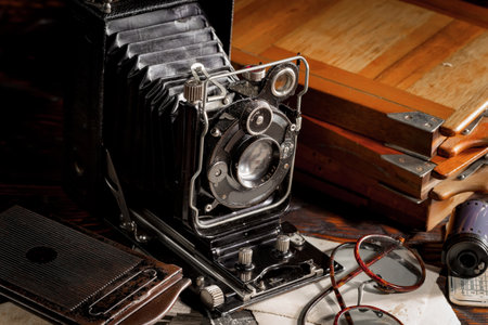 Old camera on a wooden table. Close-up. High quality photoの写真素材