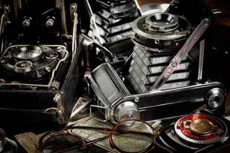 Old camera on an old background. Vintage camera on an old background.