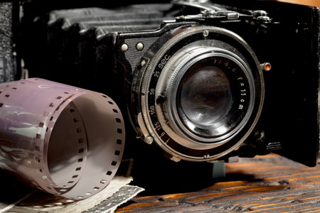 Old camera on a wooden background. Vintage camera close-up.の写真素材