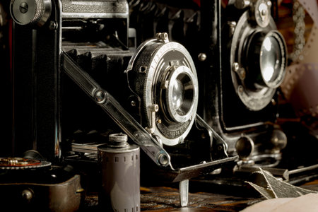 Vintage camera close-up on a dark background. High quality photoの写真素材