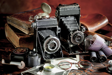 Old camera on the background of an old book. Vintage photography.の写真素材