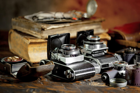 Old camera on a wooden table with old books in the background.