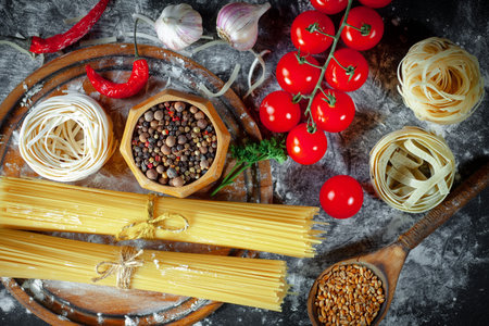 Pasta with ingredients for cooking on a table in a composition with kitchen accessoriesの写真素材