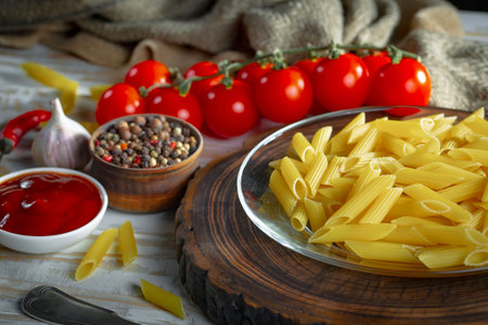 Raw pasta with tomatoes and spices on a wooden background. Selective focus.の写真素材