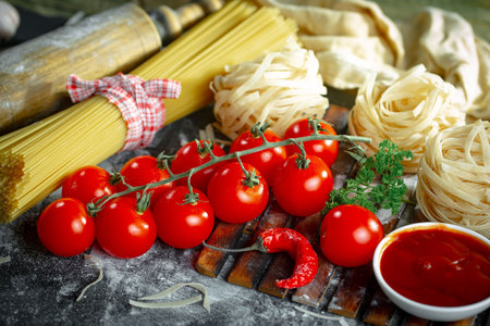 Raw pasta with ingredients for cooking on a table in composition with kitchen accessoriesの写真素材