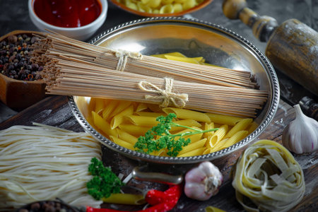 Raw pasta with vegetables on the table in a composition with kitchen accessories