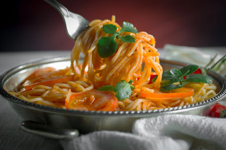 Spaghetti with tomato sauce and parsley in a metal bowl.