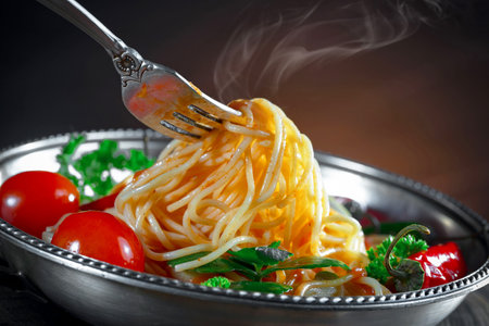 Spaghetti with tomato sauce and parsley in metal bowl on black backgroundの写真素材