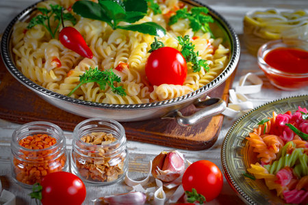 Fusilli pasta with tomatoes, basil and spices on a wooden backgroundの写真素材